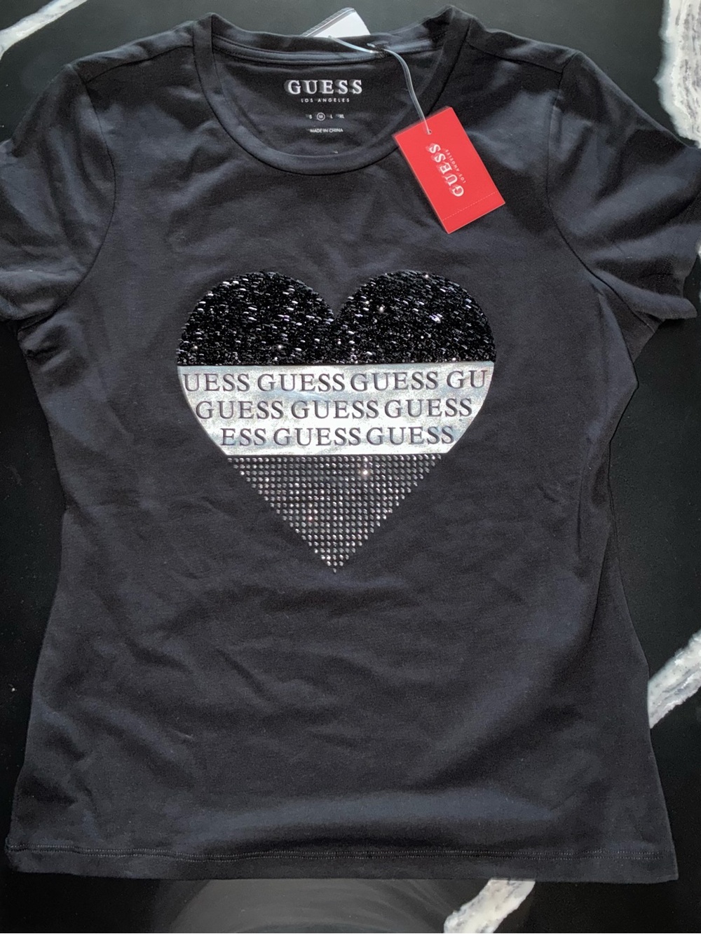 GUESS Black Sequin & Logo Heart Short Sleeve Tee